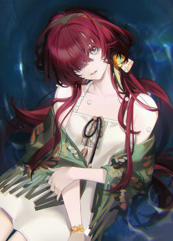 1girl bare_shoulders capelet chinese_commentary commentary_request cowboy_shot dress green_capelet green_hairband hair_over_one_eye hairband highres looking_at_viewer low_twintails lying male_focus official_alternate_costume on_back one_eye_covered parted_lips partially_submerged red_hair reverse:1999 short_dress sleeveless sleeveless_dress spaghetti_strap twintails water white_dress yenisei_(around_the_riverbend)_(reverse:1999) yenisei_(reverse:1999) yinse_banji