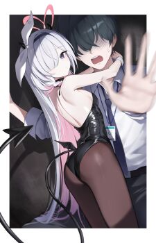 1boy 1girl absurdres arms_around_neck ass black_hair black_hairband black_leotard black_pantyhose blue_archive blue_necktie blush breasts closed_mouth collared_shirt colored_inner_hair commentary grey_eyes hair_over_one_eye hairband halo hashtag-only_commentary highres id_card leotard loli long_hair looking_at_viewer multicolored_hair necktie okkimon open_mouth outdoors pantyhose pink_hair plana_(blue_archive) red_halo sensei_(blue_archive) shirt small_breasts strapless strapless_leotard tail teeth upper_teeth_only very_long_hair white_hair white_shirt