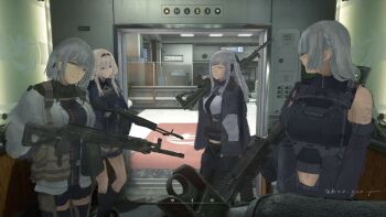 Rule 34 | 4girls, absurdres, ak-12, ak-12 (girls' frontline), ak-15, ak-15 (girls' frontline), an-94, an-94 (girls' frontline), artist name, assault rifle, blonde hair, call of duty, closed eyes, diao guo yu, elevator door, girls' frontline, gun, highres, kalashnikov rifle, light machine gun, long hair, looking at viewer, looking to the side, machine gun, multiple girls, rifle, rpk-16, rpk-16 (girls' frontline), short hair, weapon, white hair