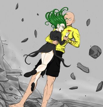1boy 1girl bald black_dress curly_hair dress green_eyes green_hair highres hug jacket medium_hair one-punch_man open_mouth petite saitama_(one-punch_man) short_hair tatsumaki viperxtr yellow_jacket