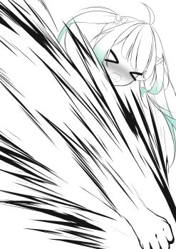 >_< 1girl absurdres ahoge alternate_hairstyle blue_eyes blush commentary densetsu.exe english_commentary full-face_blush gradient_hair green_hair hair_ornament hairclip highres incoming_attack incoming_punch maid_headdress mint_fantome multicolored_hair pointy_ears punching short_hair simple_background spot_color syxh triangular_headpiece twintails two_side_up virtual_youtuber wavy_hair x_hair_ornament