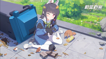 1girl ahoge ammunition animal animal_ears binoculars bird black_gloves black_hair blue_archive blue_serafuku blue_skirt blush cartridge closed_mouth day fake_animal_ears flower gloves green_neckerchief grey_halo halo highres leaf leaf_on_head long_hair long_sleeves miyu_(blue_archive) neckerchief official_art one_eye_closed outdoors pantyhose pleated_skirt rabbit_ears red_eyes rifle_cartridge sailor_collar school_uniform serafuku shoes sitting skirt solo sparrow trash_can two-tone_skirt wariza white_flower white_pantyhose white_sailor_collar white_shoes white_skirt