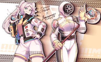 1girl armor bakuage_sentai_boonboomger belt boonboom_changer closed_mouth commentary crossover elf english_text frieren green_eyes helmet highres holding jacket long_hair long_sleeves mage_staff parted_bangs pointy_ears saikekuu shirt shorts shoulder_armor skid_mark smile solo sousou_no_frieren staff super_sentai twintails white_hair white_helmet