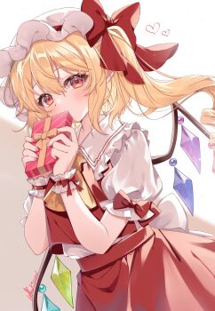 Rule 34 | 1girl, absurdres, ascot, back bow, blonde hair, blush, bow, box, box of chocolates, collared shirt, commentary request, crystal, crystal wings, drill hair, flandre scarlet, frilled shirt collar, frills, haruki (colorful macaron), hat, hat bow, heart, highres, holding, holding box, looking at viewer, mob cap, multicolored wings, one side up, puffy short sleeves, puffy sleeves, red bow, red eyes, red skirt, red vest, shirt, short sleeves, signature, skirt, skirt set, sleeve bow, solo, touhou, valentine, vest, white bow, white hat, white shirt, wings, wrist cuffs, yellow ascot