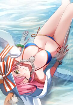 1girl animal_ear_fluff animal_ears bare_shoulders bikini blue_bikini blush bracelet breasts cleavage fate/grand_order fate_(series) fox_ears fox_girl hat highres jewelry large_breasts licking_lips long_hair looking_at_viewer navel necklace nigori_(keydoor) one_eye_closed pink_hair shore sidelocks smile solo sun_hat swimsuit tamamo_(fate) tamamo_no_mae_(fate) tamamo_no_mae_(swimsuit_lancer)_(fate) tamamo_no_mae_(swimsuit_lancer)_(third_ascension)_(fate) thighs tongue tongue_out white_hat yellow_eyes