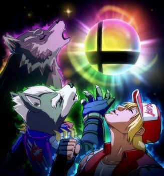 3boys animal_ears baseball_cap blonde_hair claws closed_eyes crossover fake_smash_ball fatal_fury fingerless_gloves furry furry_male gloves hat howling joeadok link male_focus meme multiple_boys nintendo sparkle species_connection star_fox super_smash_bros. terry_bogard the_king_of_fighters the_legend_of_zelda the_legend_of_zelda:_twilight_princess three_wolf_moon_shirt_(meme) wolf_ears wolf_link wolf_o&#039;donnell