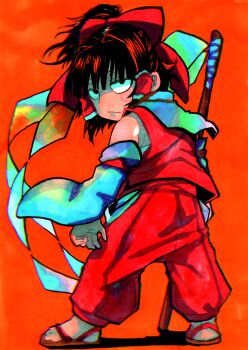 1girl :/ adapted_costume black_eyes black_hair bow chest_sarashi clothing_cutout detached_sleeves floating_clothes floating_hair full_body gohei hair_bow hair_tubes hakama hakama_pants hakurei_reimu highres hip_vent holding holding_gohei inuyama_konan japanese_clothes looking_at_viewer looking_back orange_background pants ponytail red_bow red_hakama sandals sarashi shide sidelocks simple_background solo touhou zouri