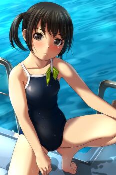 1girl absurdres barefoot black_eyes black_hair black_one-piece_swimsuit blush competition_school_swimsuit feet highres looking_at_viewer matsunaga_kouyou object_in_clothes object_in_swimsuit one-piece_swimsuit original pool school_swimsuit solo spread_legs swimsuit toes water wet