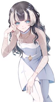 Rule 34 | 1girl, absurdres, black hair, blonde streaks, blue eyes, breasts, choker, closed mouth, commentary request, covered collarbone, dress, gold necklace, hand on own cheek, hand on own face, hand on own thigh, highres, hololive, hololive dev is, jewelry, juufuutei raden, kentotto, long hair, long sleeves, looking at viewer, multicolored hair, multiple necklaces, necklace, pants, see-through cleavage, see-through clothes, sidelocks, simple background, small breasts, smile, solo, strapless, strapless dress, streaked hair, two-tone hair, virtual youtuber, wavy hair, white background, white choker, white dress, white pants