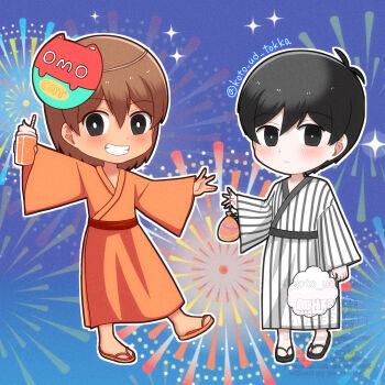 Rule 34 | 2boys, alternate costume, antenna hair, black eyes, black hair, blush, bright pupils, brown hair, chibi, chibi only, closed mouth, commentary request, dark-skinned male, dark skin, double-parted bangs, expressionless, grin, hair behind ear, hair between eyes, highres, hisaho, japanese clothes, kel (faraway) (omori), kel (omori), kimono, long sleeves, looking at viewer, male focus, mask, mask on head, multiple boys, omori, open mouth, orange kimono, orange sandals, sandals, short hair, smile, striped clothes, striped kimono, sunny (omori), teeth, twitter username, vertical-striped clothes, vertical-striped kimono, very short hair, watermark, white kimono, white pupils