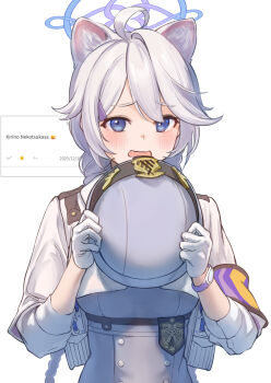 1girl animal_ears blue_archive blue_eyes braid cat_ears cat_girl halo hat highres holding kemonomimi_mode kirino_(blue_archive) long_hair looking_at_viewer marulire police police_uniform policewoman simple_background solo twin_braids upper_body white_background white_hair