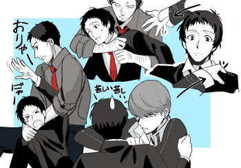 Rule 34 | 3boys, adachi tooru, ajirostudio, arm up, blue background, closed eyes, clothes grab, collared shirt, commentary request, doujima ryoutarou, formal clothes, greyscale with colored background, hand on another's shoulder, headlock, highres, jacket grab, long sleeves, looking at viewer, male focus, monochrome, multiple boys, multiple views, narukami yu, necktie, open mouth, persona, persona 4, red necktie, school uniform, shirt, short hair, simple background, spot color, suit, sweatdrop, translation request, upper body, yasogami school uniform