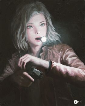 1girl absurdres brown_jacket commentary flashlight grace_ashcroft green_eyes gun handgun highres holding holding_flashlight holding_gun holding_weapon jacket looking_to_the_side object_to_mouth open_clothes open_jacket painterly reloading resident_evil resident_evil_requiem short_hair solo upper_body weapon white_hair xianggang_jizhe