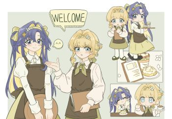 2girls :o ^_^ alternate_costume apron asymmetrical_bangs black_shoes blonde_hair blue_eyes blue_hair border braid braided_bangs brown_apron cake chibi chibi_inset clipboard closed_eyes closed_mouth collared_shirt colored_inner_hair cup drink english_text food full_body green_background green_neckerchief green_skirt hair_intakes hairband hand_up highres holding holding_menu holding_pastry_bag holding_pen holding_saucer holding_tray juliet_sleeves kiperina long_hair long_sleeves looking_at_viewer low_ponytail mary_janes menu multicolored_hair multiple_girls multiple_views neckerchief outside_border pantyhose pastry_bag pen ponytail puffy_long_sleeves puffy_sleeves reverse:1999 saucer shirt shoes skirt smile spoken_kaomoji tray two_side_up upper_body voyager_(reverse:1999) waitress white_border white_pantyhose white_shirt wildfire_(wildfire981) yellow_hairband yellow_skirt