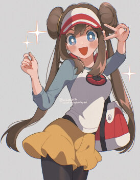 1girl black_pantyhose blue_eyes blush breasts brown_hair donut_hair_bun double_bun hair_bun hat highres long_hair looking_at_viewer mikakami1e nintendo open_mouth pantyhose pantyhose_under_shorts poke_ball_print pokemon pokemon_bw2 raglan_sleeves rosa_(pokemon) shirt shorts simple_background smile solo twintails v visor_cap yellow_shorts