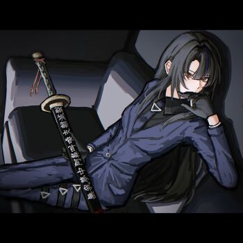 Rule 34 | 1girl, absurdres, belt, black gloves, black hair, blue jacket, blue pants, blue suit, cigarette, commentary, couch, crossed legs, formal clothes, gloves, highres, holding, holding cigarette, holding sword, holding weapon, jacket, letterboxed, limbus company, long hair, long sleeves, looking at viewer, myeongwora, necktie, on couch, ootachi, pants, parted bangs, pinky (identity) (project moon), project moon, red eyes, ryoshu (project moon), scabbard, sheath, sheathed, shirt, sitting, solo, suit, suit jacket, sword, thigh belt, thigh strap, weapon
