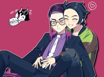 2boys black_hair black_jacket black_pants closed_eyes collared_shirt corbeau_(pokemon) frown gen_2_pokemon gen_3_pokemon glasses green_jacket grin heart highres hug hug_from_behind iitu_utii jacket male_focus mightyena multiple_boys necktie nintendo pants paxton_(pokemon) pink_background pokemon pokemon_legends:_z-a purple_shirt round_eyewear shirt short_hair sitting smile sneasel spoken_heart white_necktie yaoi yellow_eyes