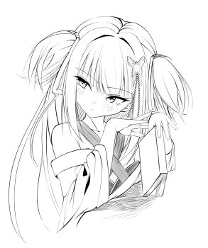 1girl bare_shoulders blunt_bangs blunt_ends blush book butterfly_hair_ornament closed_mouth collarbone criss-cross_halter cropped_torso frown hair_ornament halterneck hands_up highres hime_cut holding holding_book japanese_clothes kimono long_hair long_sleeves looking_to_the_side monochrome murasame_(senren) senren_banka sidelocks simple_background sketch solo tsurime two_side_up uoouchan upper_body very_long_hair white_background wide_sleeves