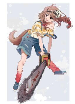 1girl ahoge animal_ears blue_shoes border bow braid brown_eyes brown_hair chainsaw commentary cosplay crazy denim_overalls dog_ears dog_girl dog_tail empty_eyes floating_hair full_body hair_bow hair_ornament hashtag-only_commentary holding holding_chainsaw hololive hunched_over inugami_korone inugami_korone_(9th_costume) jason_voorhees jason_voorhees_(cosplay) legs_apart long_hair looking_to_the_side loose_socks mask mask_on_head off_shoulder official_alternate_costume open_mouth outside_border overalls red_bow red_socks shirt shoes smile socks solo splatter standing striped_clothes striped_shirt tail torn_clothes torn_overalls twin_braids virtual_youtuber white_border yellow_shirt