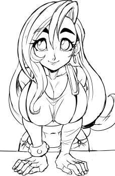 bare_shoulders breasts cleavage crop_top earrings final_fantasy final_fantasy_vii final_fantasy_vii_remake fingerless_gloves gloves highres jewelry large_breasts leaning_forward leaning_on_table long_hair looking_at_viewer midriff navel sketch suspenders tank_top teevo tifa_lockhart