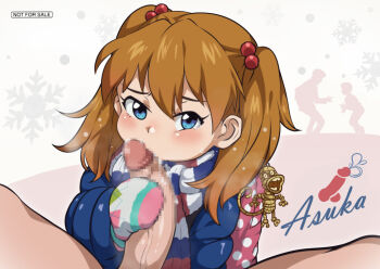 1boy 1girl aged_down blush brown_hair censored character_name cowboy_shot erection fellatio gloved_handjob gloves hair_between_eyes hair_bobbles hair_ornament handjob heart hetero ikari_gendou ikari_shinji jcm2 loli long_hair looking_at_another looking_at_viewer mittens neon_genesis_evangelion oral penis penis_grab penis_on_face souryuu_asuka_langley spongebob_squarepants_(series) standing sweat twintails veins veiny_penis very_long_hair winter_clothes
