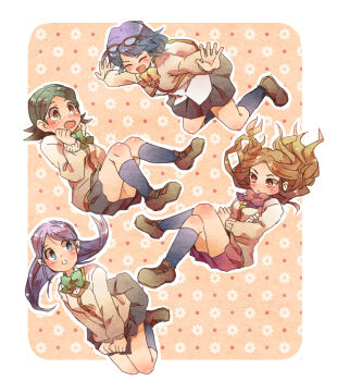 Rule 34 | 4girls, blue hair, blush, bow, cardigan, crossed arms, crossed legs, eyewear on head, glasses, green eyes, green hair, honey-hopi, inazuma eleven, inazuma eleven (series), kino aki, kneehighs, kudou fuyuka, long hair, multiple girls, open mouth, otonashi haruna, purple hair, raimon natsumi, school uniform, short hair, sitting, smile, socks, sweater