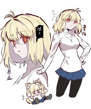 1girl ahoge arcueid_brunestud black_pantyhose blonde_hair blue_skirt breasts commentary_request hair_intakes hand_on_own_hip highres jewelry looking_at_viewer miniskirt necklace numuhe pantyhose partially_shaded_face red_eyes short_hair sidelocks skirt sweater tsukihime tsukihime_(remake) turtleneck turtleneck_sweater white_sweater