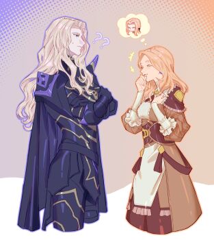 +++ 1girl 2boys ? ?? abi_(no.129) absurdres arm_up armor ben-day_dots black_armor black_cape blonde_hair breastplate brown_dress cape closed_mouth colored_eyelashes commentary cropped_legs crossed_arms crossover dietrich_(fire_emblem) dress faulds fire_emblem fire_emblem:_fortune&#039;s_weave fire_emblem:_three_houses frilled_sleeves frills hashtag-only_commentary highres image_in_thought_bubble jeritza_von_hrym long_hair long_sleeves looking_at_viewer mercedes_von_martritz multiple_boys nintendo parted_hair parted_lips profile screentones smile speech_bubble sweatdrop teeth thought_bubble wavy_hair