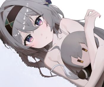 Rule 34 | 13 (jjusan13), 1girl, :<, absurdres, bare shoulders, blue eyes, blush, brown hairband, character doll, closed mouth, doll, firefly (honkai: star rail), gradient eyes, green pupils, grey hair, hair between eyes, hair intakes, hair ornament, hair ribbon, hairband, highres, honkai: star rail, honkai (series), long hair, loose clothes, lying, multicolored eyes, on side, ribbon, solo, stelle (honkai: star rail), trailblazer (honkai: star rail)