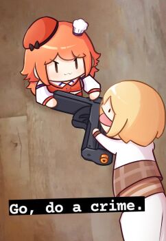 Rule 34 | 3girls, :3, absurdres, blonde hair, bob cut, brown eyes, chef hat, closed mouth, commentary, english commentary, english text, go do a crime (meme), gun, hand puppet, handgun, hat, highres, hololive, hololive english, long hair, long sleeves, looking at another, meme, moon ldl, multiple girls, open mouth, orange hair, puppet, short bangs, short hair, smol ame, smol kiara, solid circle eyes, takanashi kiara, v-shaped eyebrows, virtual youtuber, watson amelia, weapon, white sleeves