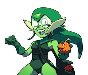 1girl alien alternate_costume blonde_hair color_connection colored_skin cosplay cowboy_shot discount-supervillain face_shield forehead_jewel gem gem_(steven_universe) gloves green_goblin green_goblin_(cosplay) green_skin hat holding holding_pumpkin leotard marvel open_mouth peridot_(steven_universe) pumpkin pumpkin_(steven_universe) sharp_teeth short_hair smile solo spider-man_(series) steven_universe teeth transparent_background