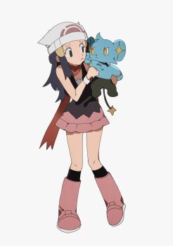 1girl beanie black_shirt black_socks blue_eyes blue_hair boots closed_mouth dark_blue_hair dawn_(pokemon) frown furrowed_brow gen_4_pokemon hair_ornament half_updo hat highres holding holding_pokemon kneehighs long_hair miniskirt nintendo pink_boots pink_skirt pokemon pokemon_(creature) pokemon_dppt red_scarf scarf shichibee_(stm_mimi) shinx shirt simple_background skirt socks white_background white_hat