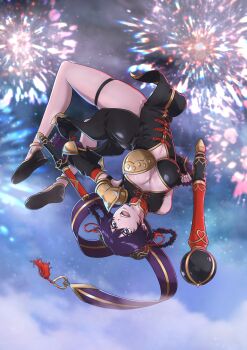 Rule 34 | absurdres, bambietta basterbine, black dress, black shoes, bleach, bleach: brave souls, bleach: sennen kessen-hen, braid, breasts, cleavage, cleavage cutout, clothing cutout, commentary, detached sleeves, dress, english commentary, fingerless gloves, fireworks, gloves, hair between eyes, hair ornament, highres, holding, holding weapon, purple eyes, purple gloves, purple hair, shoes, sonzhondaya, tonfa, twin braids, weapon