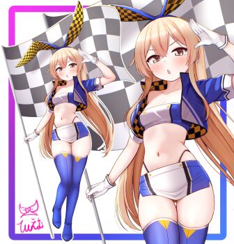 1girl absurdres alternate_costume bandeau blonde_hair blue_hairband blue_thighhighs breasts checkered_clothes checkered_flag commentary cowboy_shot cropped_jacket flag full_body gloves grey_eyes hairband highleg highleg_panties highres kantai_collection long_hair looking_at_viewer midriff miniskirt navel panties race_queen salute shimakaze_(kancolle) signature skirt small_breasts solo thighhighs tiemu_(man190) underwear white_bandeau white_gloves zoom_layer