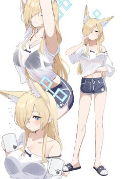 1girl absurdres animal_ear_fluff animal_ears aqua_halo armpits arms_up black_bra blonde_hair blue_archive bra breasts cleavage closed_eyes closed_mouth clothes_lift coffee_mug commentary_request cup dolphin_shorts drawstring grey_eyes grey_shorts hair_over_one_eye halo highres holding holding_cup inapple kanna_(blue_archive) large_breasts lifting_own_clothes long_bangs long_hair midriff mug multiple_views navel off-shoulder_shirt off_shoulder see-through_clothes see-through_shirt shirt shirt_lift short_shorts short_sleeves shorts simple_background standing strap_slip stretching underwear white_background white_shirt