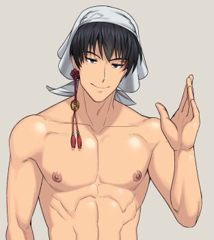 Rule 34 | 1boy, abs, arima (arima bn), bara, biceps, black eyes, black hair, ear piercing, earrings, hakutaku (hoozuki no reitetsu), hand up, headband, highres, hoozuki no reitetsu, jewelry, looking at viewer, male focus, manly, mature male, muscular, muscular male, nipples, pectorals, piercing, smile, solo, spiked hair, stud earrings, topless male, upper body