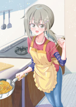 1girl :d absurdres apron blue_pants blush breasts brown_eyes brown_hair chopsticks collarbone cooking counter denim feet_out_of_frame food frilled_apron frills frying_pan grey_eyes grey_hair hair_between_eyes hair_ornament hairclip hairpin hand_up heart heart_hair_ornament highres holding holding_chopsticks holding_frying_pan indoors jeans kitchen ladle layered_sleeves long_hair long_sleeves looking_at_viewer low_ponytail masamune_mino medium_hair minowa_gin noodles open_mouth pants pasta plate pocket ponytail red_shirt shirt short_over_long_sleeves short_sleeves sidelocks small_breasts smile solo spatula standing stove striped_clothes striped_shirt tiles washio_sumi_wa_yuusha_de_aru wooden_floor yellow_apron yuusha_de_aru