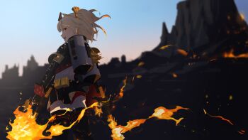 Rule 34 | 1girl, absurdres, bandeau, belt, black belt, black gloves, black jacket, black skirt, blonde hair, breasts, burnice white, choker, crop top, cthlo, eyewear on head, fire, flamethrower, gas tank, gloves, hair ornament, high-waist skirt, highres, holding flamethrower, holding weapon, jacket, looking at viewer, open mouth, red choker, red eyes, short hair, skirt, smile, solo, spiked jacket, strapless, sunglasses, thighhighs, tonfa, tube top, twintails, two side up, weapon, zenless zone zero