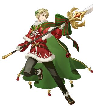 Rule 34 | 1boy, alfred (fire emblem), alfred (joyous snowdrop) (fire emblem), attack, belt, black pants, blonde hair, bow, box, brown belt, cape, capelet, christmas ornaments, coat, commentary request, fighting stance, fire emblem, fire emblem engage, fire emblem heroes, fur-trimmed capelet, fur-trimmed coat, fur trim, gift, gift box, gingerbread man, gloves, green bow, green cape, hair ornament, hanada 09, highres, holding, holding polearm, holding weapon, holly, holly hair ornament, long sleeves, looking at viewer, male focus, nintendo, non-web source, official alternate costume, official art, pants, polearm, red capelet, red coat, santa costume, scarf, shoes, short hair, simple background, smile, solo, star (symbol), star ornament, weapon, white background, white gloves, white scarf
