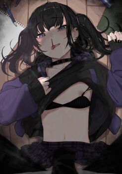 1boy 1girl aroused_nosebleed black_bra black_choker black_hair black_nails blood blood_in_mouth blush boy_on_top bra bra_pull breasts choker clothes_lift clothes_pull commentary_request ear_piercing earrings grey_eyes hetero highres hood hoodie hoodie_lift jewelry kashihara_noa_(kindatsu) kindatsu loli long_sleeves looking_at_viewer lying medium_hair navel nosebleed on_back on_floor open_mouth original pen piercing pov rope_marks skirt skirt_lift sleeves_past_wrists small_breasts sweat twintails underwear