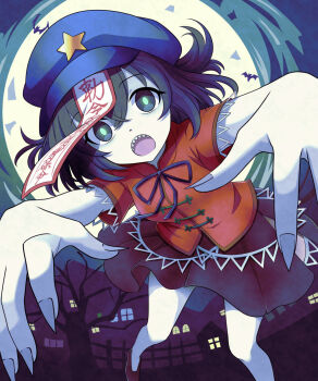 1girl :o bat_(animal) black_hair black_ribbon black_shoes black_skirt blue_hat breasts bright_pupils chinese_clothes colored_skin duplicate fingernails flat_cap halloween hat hat_ornament highres jiangshi kisaragi_koushi long_fingernails looking_at_viewer medium_hair miniskirt miyako_yoshika neck_ribbon newsboy_cap ofuda ofuda_on_head open_mouth outdoors outstretched_arms pale_skin pixel-perfect_duplicate red_shirt ribbon sharp_teeth shirt shoes short_sleeves skirt small_breasts solo star_(symbol) star_hat_ornament tangzhuang teeth touhou white_skin zombie_pose