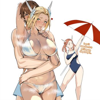 1boy 2girls adventurer_(ff14) arm_up armpits beach_umbrella bikini blonde_hair blush breasts brown_hair cameltoe commentary english_commentary english_text final_fantasy final_fantasy_xiv finger_to_mouth hair_ornament heart hetero hug hug_from_behind hyur jamjamstyle kan-e-senna large_breasts multiple_girls one-piece_swimsuit padjal raya-o-senna revision simple_background smile steaming_body sweat swimsuit umbrella warrior_of_light_(ff14) white_background white_bikini
