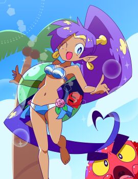 1girl bare_shoulders bikini blue_eyes dark-skinned_female dark_skin earrings highres jewelry long_hair one_eye_closed palm_tree pointy_ears purple_hair shantae shantae_(series) squid squid_baron swimsuit tree twintails very_long_hair yuki_oto