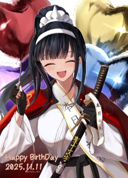 1girl :d ^_^ absurdres amanami_(v) balloon birthday black_gloves black_hair cape closed_eyes commentary_request dated facing_viewer fingerless_gloves glint gloves hairband happy_birthday heart_balloon highres holding holding_balloon holding_sword holding_weapon long_hair magadori_kyoshika open_mouth ponytail red_cape sash sheath sheathed smile solo sword teeth the_hundred_line_-last_defense_academy- twitter_username upper_body upper_teeth_only weapon white_hairband