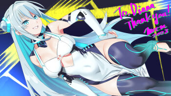 1girl android blue_eyes breasts collarbone commission dress grin hair_bun hand_on_own_hip highres indie_virtual_youtuber joints large_breasts long_hair looking_at_viewer mechanical_arms mstm nano_(tsukino_diana) no_panties robot_joints science_fiction signature skeb_commission smile thick_thighs thighhighs thighs very_long_hair virtual_youtuber wide_hips