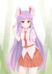 Rule 34 | 1girl, animal ears, arm behind back, bamboo, carrot pin, closed mouth, collared shirt, commentary request, cowboy shot, hand up, highres, index finger raised, kanpa (campagne 9), light blush, light smile, long hair, looking at viewer, necktie, pleated skirt, puffy short sleeves, puffy sleeves, purple hair, rabbit ears, red eyes, red necktie, red sash, red skirt, reisen udongein inaba, sash, shirt, short sleeves, sidelocks, skirt, solo, standing, straight hair, touhou, very long hair, white shirt