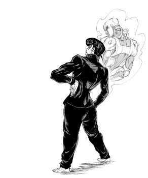 2boys crazy_diamond diamond_wa_kudakenai fenyon from_behind full_body halftone hand_on_own_hip higashikata_josuke highres jacket jojo_no_kimyou_na_bouken male_focus monochrome multiple_boys pants pompadour school_uniform simple_background stand_(jojo) white_background
