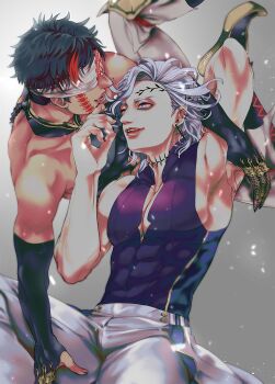 Rule 34 | 2boys, armor, bare shoulders, black footwear, black gloves, black hair, black nails, blindfold, boots, centipede tattoo, cheek tattoo, chinese clothes, choker, closed mouth, covered abs, covered pectorals, ear piercing, earrings, facial tattoo, forehead tattoo, gloves, gold armor, gold trim, hades (shuumatsu no valkyrie), hand up, highres, jacket, jewelry, lace-up boots, leaf tattoo, looking at another, male focus, multicolored hair, multiple boys, multiple earrings, nail armor, nail polish, open mouth, pants, partially fingerless gloves, pectoral cleavage, pectorals, piercing, pointy ears, pointy footwear, purple eyes, purple shirt, qin shi huang (shuumatsu no valkyrie), red hair, red tassel, robe, shirt, short hair, shuumatsu no valkyrie, single earring, sleeveless, sleeveless shirt, smile, spiked choker, spikes, tassel, tassel earrings, tattoo, two-tone hair, white hair, white pants, yaoi