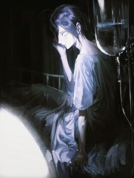 Rule 34 | 1boy, ahoge, bandaid, bed, bed sheet, bishounen, black hair, check commentary, commentary request, danganronpa (series), danganronpa v3: killing harmony, dark background, glowing, glowing eyes, hair between eyes, hand on own face, highres, hospital bed, hospital gown, indoors, intravenous drip, looking at viewer, male focus, monochrome, muted color, nape, night, on bed, pale skin, profile, saihara shuichi, seapall, short hair, sitting, solo, surprised, under covers, wide-eyed, yellow eyes