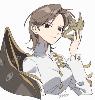 1girl artist_name asymmetrical_wings breasts brown_hair brown_mask closed_mouth commentary_request eye_mask eye_print half_mask highres holding holding_mask iwanaga_ariya long_sleeves looking_at_viewer mask medium_breasts red_eyes shirt short_hair simple_background skeletal_clothes skeletal_wings smile solo touhou uehara_suiyo upper_body white_background white_shirt wings